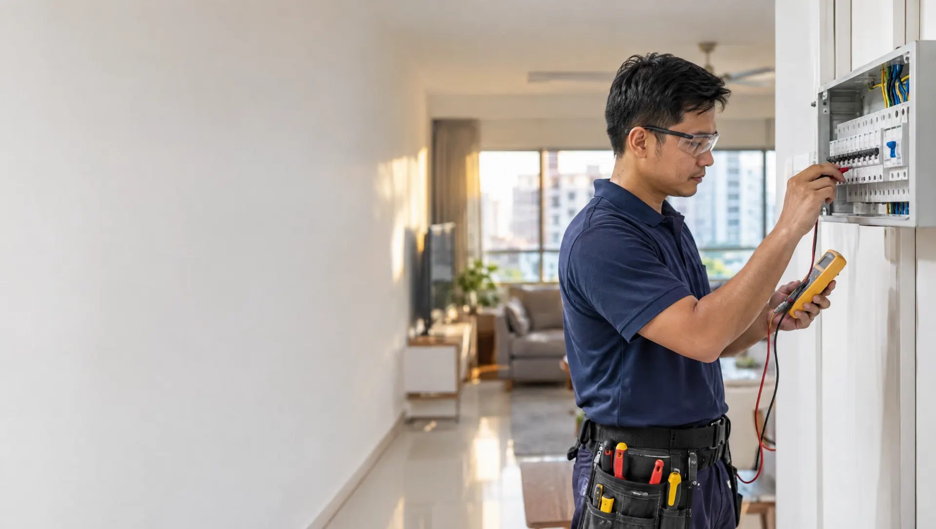 Electrician testing a DB box in a Singapore home