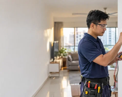 Electrician testing a DB box in a Singapore home